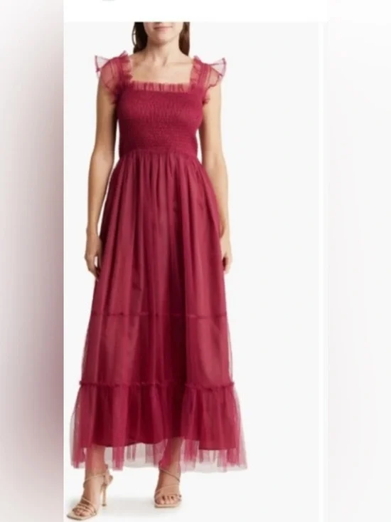 Melloday Strappy Smocked Tiered Chiffon Maxi Dress in wine - Picture 6 of 6